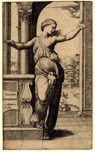 Marcantonio - Lucretia's suicide, she holds a blade in her left hand, set against a classical arcade, after Raphael, 1868,0822.38