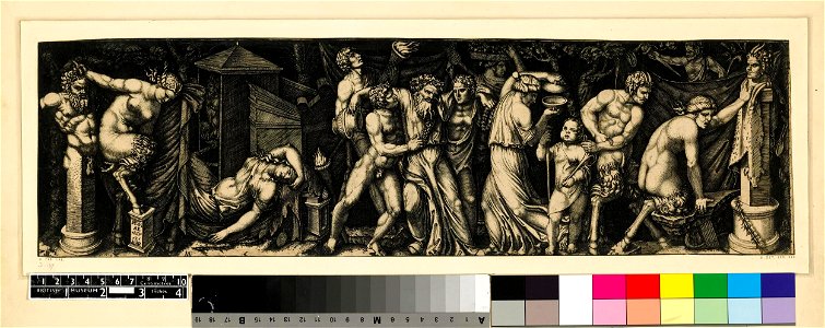 Marcantonio - Bacchanal scene, Silenus supported by two bacchants at centre, at right a male and female satyr and a term, 1862,1011.242