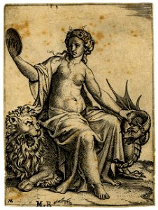 Marcantonio - Prudence, personified as a young woman, sitting half-nude on a lion and holding the neck of a dragon with her left hand, 1868,0822.49