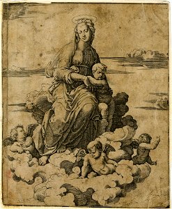 Marcantonio - The Virgin seated on clouds supporting the Christ Child who is next to her, with his right leg raised, V,4.116