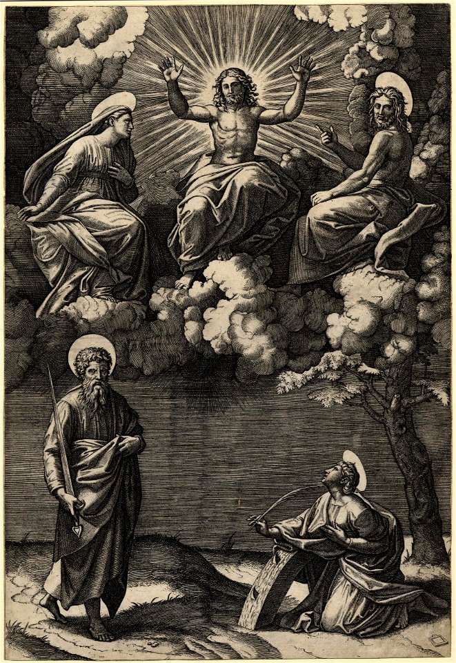 Marcantonio - Christ is seated on a cloud with his arms upraised between the Virgin and St John the Evangelist, 1868,0822.33