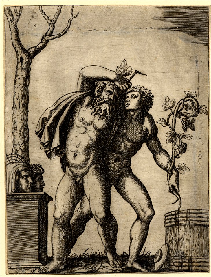 Marcantonio - An old bacchant holding a bunch of grapes in his raised right hand and draping his left arm over the shoulders of a youth holding a thrysus in his left hand, 1910,0212.336