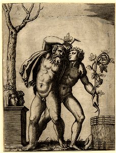 Marcantonio - An old bacchant holding a bunch of grapes in his raised right hand and draping his left arm over the shoulders of a youth holding a thrysus in his left hand, 1910,0212.336
