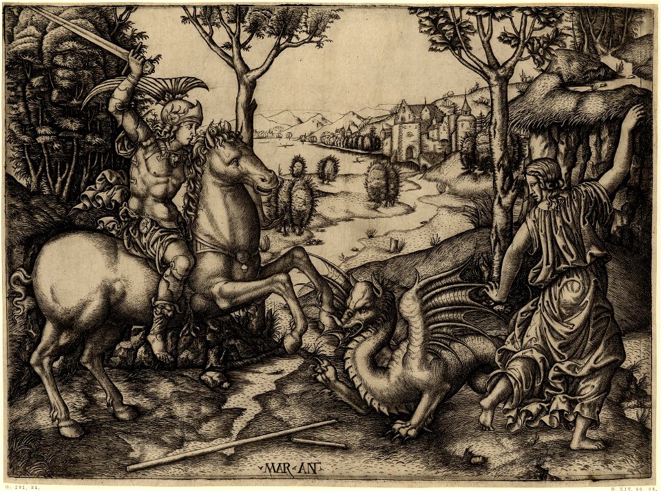 Marcantonio - St George mounted on his horse at left fighting the dragon, H,1.58