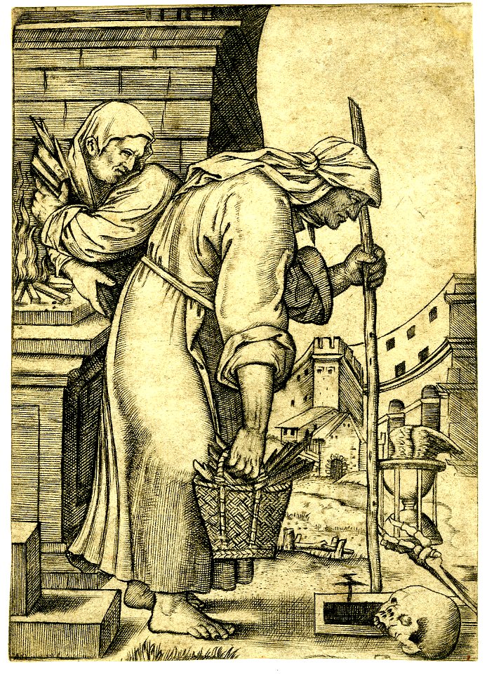 Marcantonio - An old woman walking hunched over, leaning on a stick with her left hand and carrying a basket in her right, 1875,0612.26