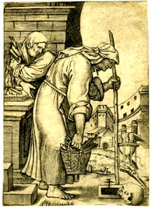 Marcantonio - An old woman walking hunched over, leaning on a stick with her left hand and carrying a basket in her right, 1875,0612.26