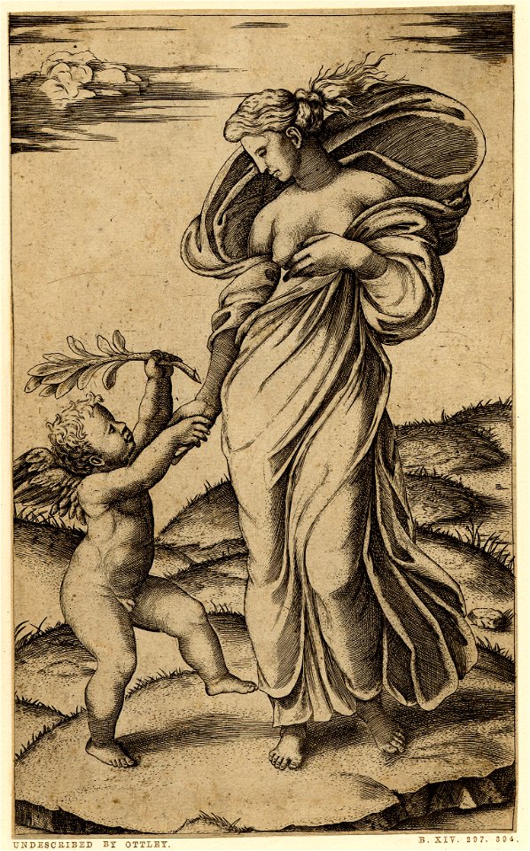 Marcantonio - Peace, personified as a woman standing in a landscape, holding the right hand of a little winged genius, H,3.35
