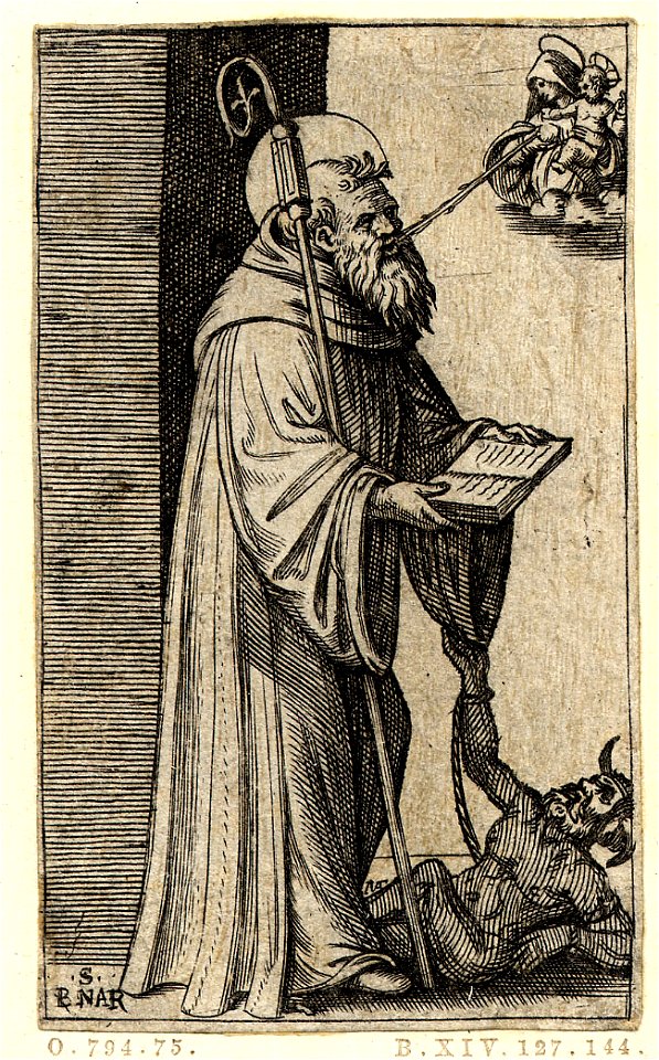 Marcantonio - St Bernard holding an open book with both hands and looking towards the Virgin and Child suspended on clouds, 1857,0711.17