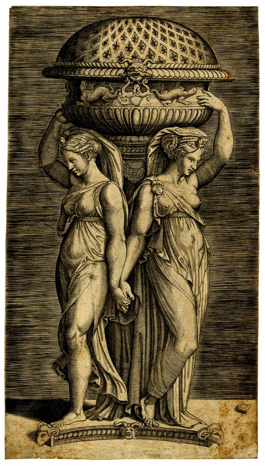 Marcantonio - After - Two caryatids, leaning against a truncated column, supporting a censer decorated with flower and salamander motifs, with one arm and holding hands with the other, H,3.89