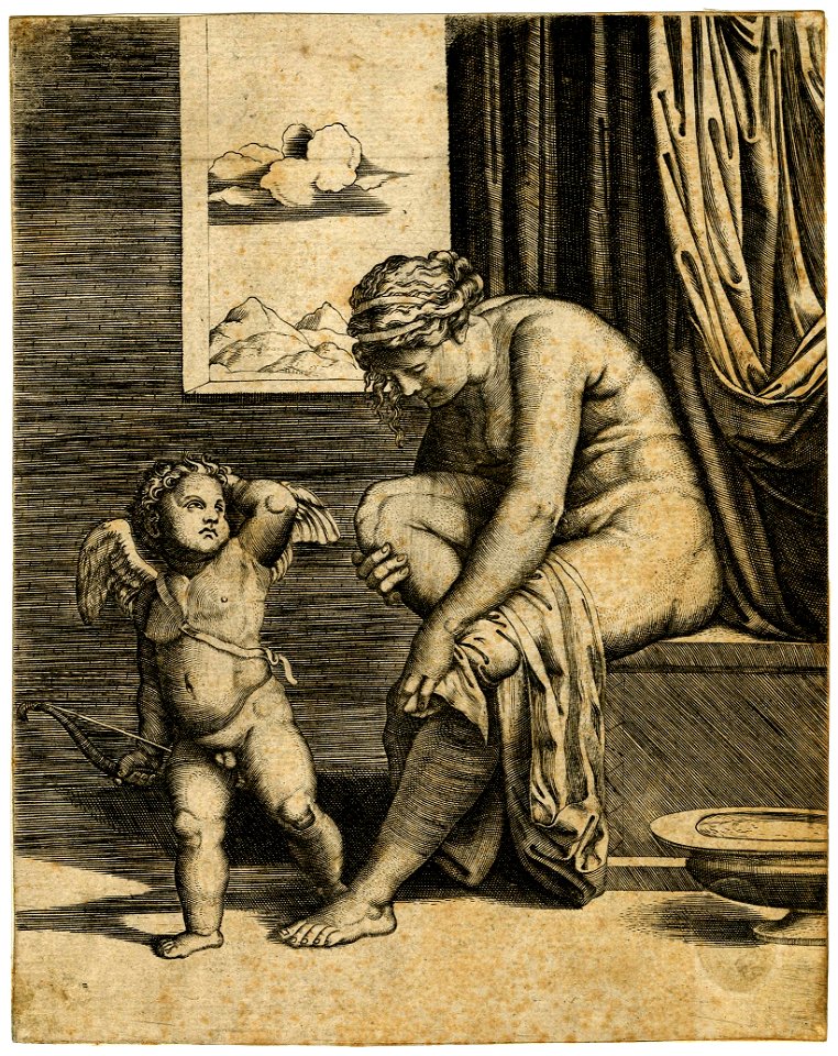 Marcantonio - After - Venus is nude, sitting at left drying her foot with a piece of drapery, Cupid, in front of her, holding a bow in his right hand and raising his left to his head, H,2.57