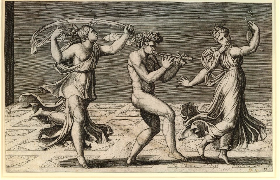 Marcantonio - Dance of fauns and bacchantes; two women each side of a faun playing on two pipes. c.1516, H,2.29