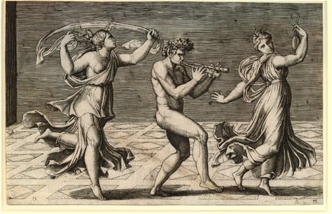 Marcantonio - Dance of fauns and bacchantes; two women each side of a faun playing on two pipes. c.1516, H,2.29