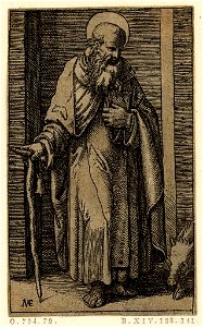 Marcantonio - St Anthony, the first hermit, holding a closed book against his chest with his left hand and leaning on a walking stick upon which is hung a bell, a pig at his left, H,1.96
