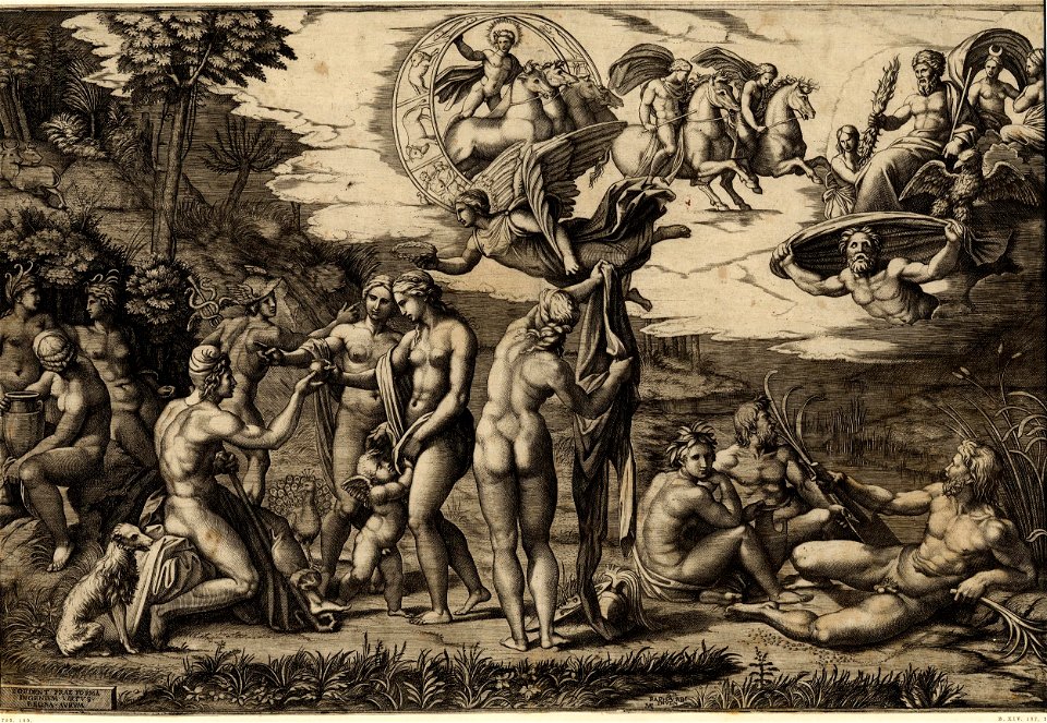 Marcantonio - The Judgement of Paris, sitting at left, with Venus, Juno and Pallas Athena, with winged victory above, H,2.24