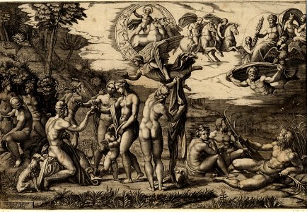 Marcantonio - The Judgement of Paris, sitting at left, with Venus, Juno and Pallas Athena, with winged victory above, H,2.24