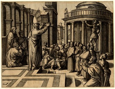 Marcantonio - St Paul at left preaching, with arms upraised, to a crowd at Athens, 1895,0915.108