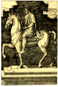Marcantonio - Equestrian statue of Marcus Aurelius on an inscribed pedestal; a ruined wall in background, H,3.121