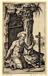 Marcantonio - St Jerome, in front of his cave, raising his left arm and holding a stone in his right kneels facing a crucifix at the foot of which lays a lion, H,1.109