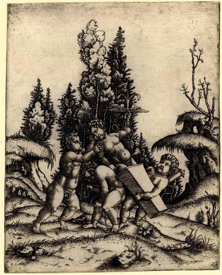 Marcantonio - Eros and two cupids carrying a case in which another cupid is standing, holding a winged anchor in his left hand, 1895,0915.123