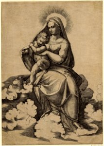 Marcantonio - The Virgin seated on clouds holding the Christ Child on her right knee and under his armpits; he grasps her mantle with both hands, after Raphael. c.1510., H,1.46