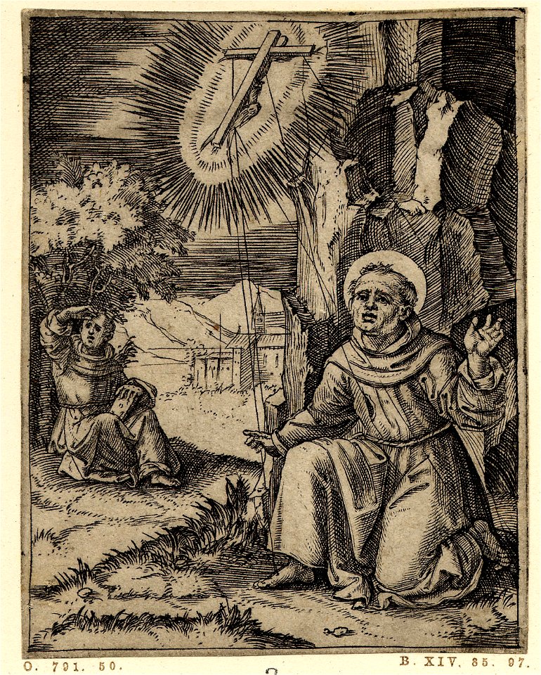 Marcantonio - St Francis of Assisi kneeling on one knee and receiving the stigmata with his arms outspread and eyes raised, 1857,1212.49