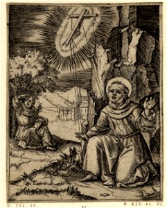 Marcantonio - St Francis of Assisi kneeling on one knee and receiving the stigmata with his arms outspread and eyes raised, 1857,1212.49
