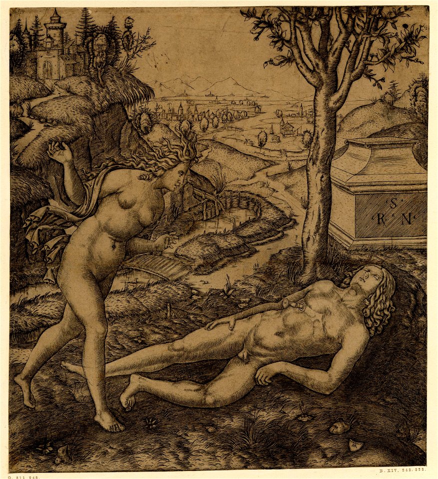 Marcantonio - Pyramus, nude, laying on the ground, with a knife in his chest, Thisbe arriving from left with her arms outstretched, H,2.77