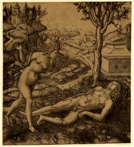 Marcantonio - Pyramus, nude, laying on the ground, with a knife in his chest, Thisbe arriving from left with her arms outstretched, H,2.77