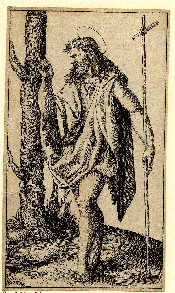 Marcantonio - St John the Baptist raising his right hand as if in prayer and holding in his left hand a long stick surmounted by a cross, 1846,0509.108