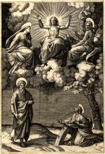 Marcantonio - Christ seated on a cloud with his arms upraised between the Virgin and St John the Baptist; below at left is St Paul and at the right is St Catherine of Alexandria, 1895,0915.113