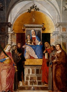Marcello Fogolino - Madonna and Child, Enthroned, with Six Saints - 347 - Rijksmuseum. Free illustration for personal and commercial use.