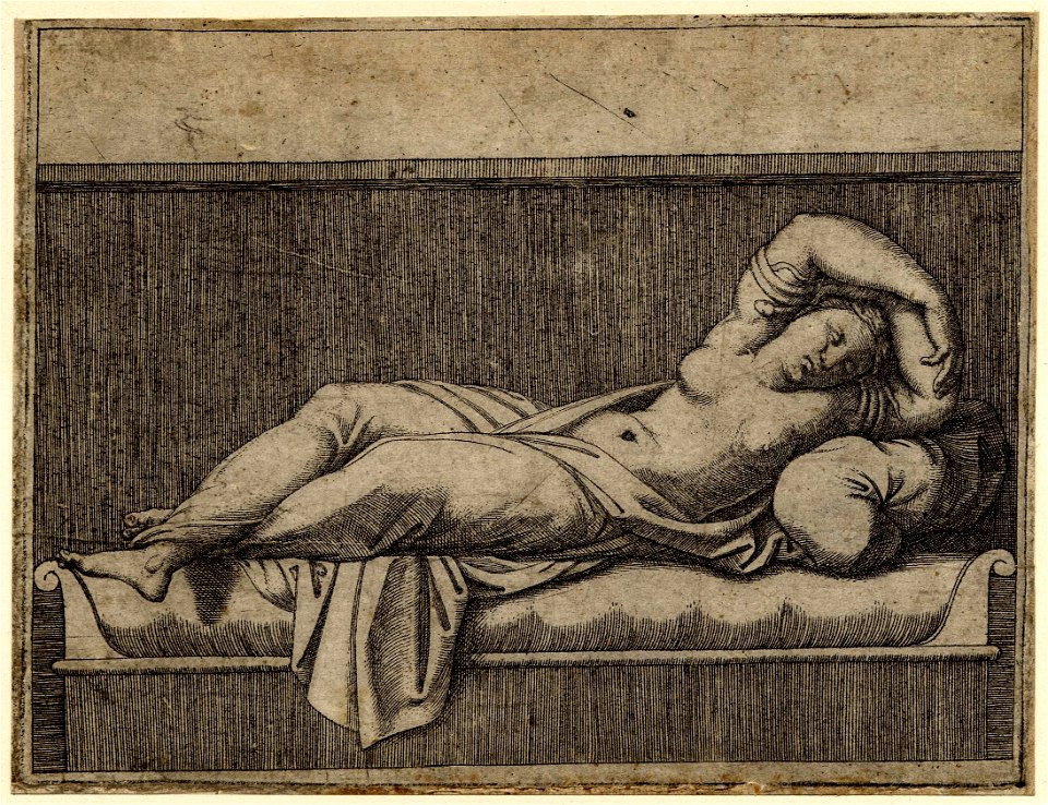 Marcantonio - Cleopatra, laying semi-nude on a bed where she appears to have justt passed away due to the bite of the asp entwined around her arms which she holds above her head, 1882,0513.368