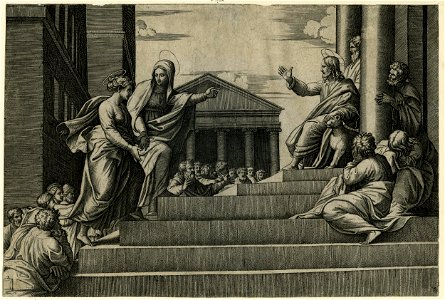 Marcantonio - Martha leading Mary Magdalene up a set of stairs to Christ who is seated at right between two columns at the entrance of a temple, so called 'Notre dame à l'escalier', 1910,0212.328