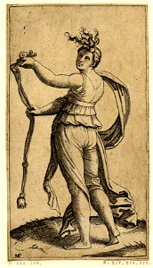 Marcantonio - Temperance personified as a young woman holding a bit in her raised left hand and reins in her right hand, H,3.17