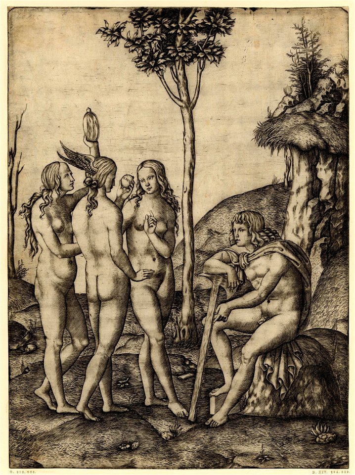 Marcantonio - The Judgement of Paris sitting at right on a rock leaning his right arm on an axe, H,2.89