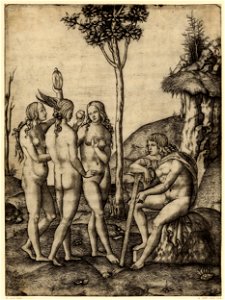 Marcantonio - The Judgement of Paris sitting at right on a rock leaning his right arm on an axe, H,2.89