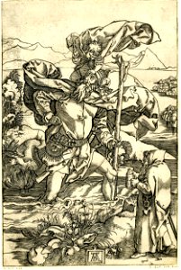 Marcantonio - St Christopher carrying the infant Jesus Christ over the river, on the right a hermit with a lamp, 1860,0728.643