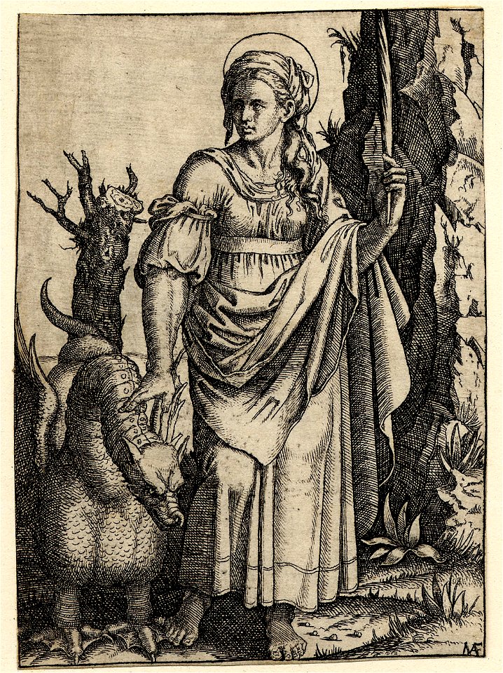 Marcantonio - St Margaret standing, holding a palm in her raised left hand, a dragon at her right, 1870,0625.836