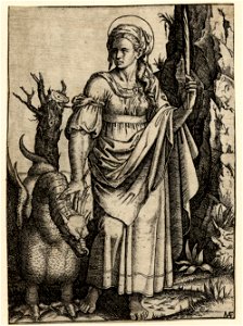 Marcantonio - St Margaret standing, holding a palm in her raised left hand, a dragon at her right, 1870,0625.836