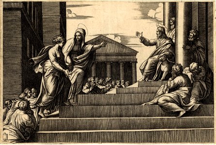Marcantonio - Martha leading Mary Magdalene up a set of stairs to Christ who is seated at right between two columns at the entrance of a temple, so called 'Notre dame à l'escalier', H,1.37