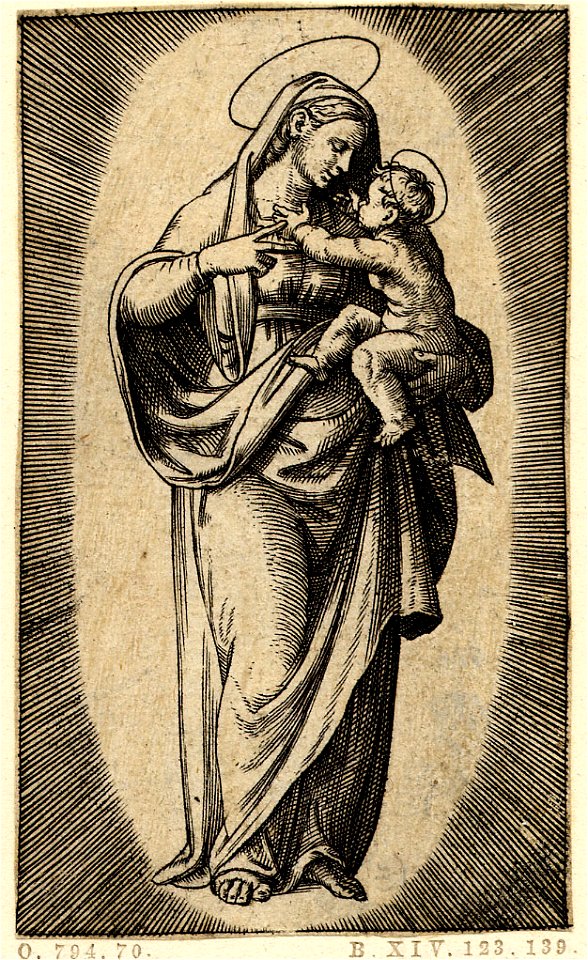 Marcantonio - The Virgin, standing in a glory of light, supports the Christ Child who reaches out to her with her left arm, 1857,0711.15