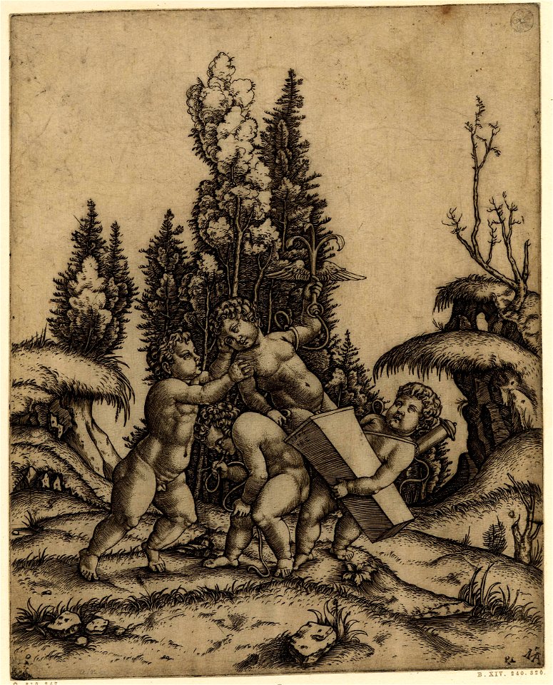 Marcantonio - Eros and two cupids carrying a case in which another cupid is standing, holding a winged anchor in his left hand, H,2.73