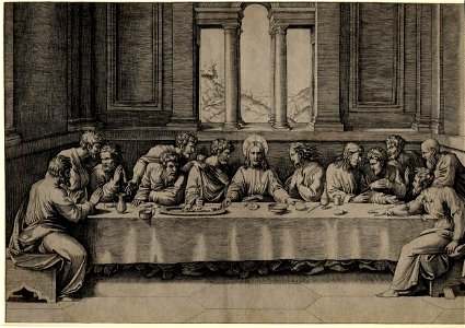 Marcantonio - The Last Supper in a long room with the feet of the apostles seen under the table; after Raphael. c.1515-16, H,1.21. Free illustration for personal and commercial use.