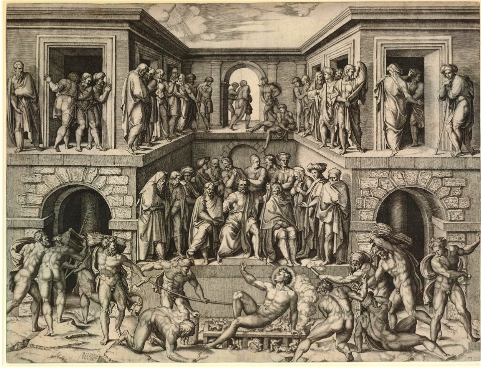 Marcantonio - The Martyrdom of St Lawrence, with judges and spectators on a building behind, after Bandinelli. c.1520, H,1.59