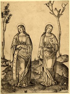Marcantonio - St Catherine at left leaning with both hands on a piece of the wheel of her martyrdom, H,1.71