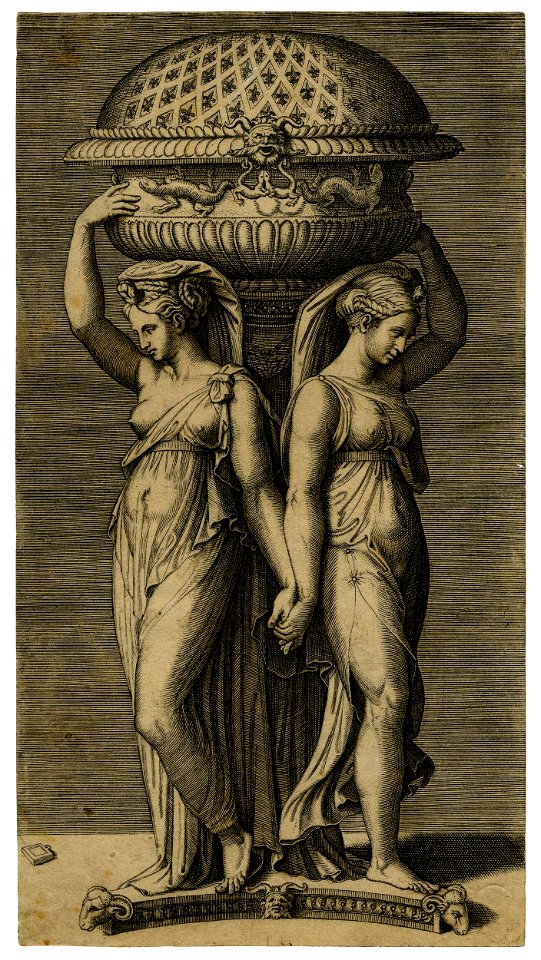 Marcantonio - Two caryatids, leaning against a truncated column, supporting a censer decorated with flower and salamander motifs, H,3.88