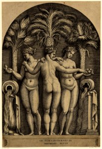 Marcantonio - The Three Graces, the Grace at centre is seen from behind, placing her left hand on the shoulder of a second Grace and extending her right hand towards a bunch of fruit held in the hand of the third Grace, H,2.91