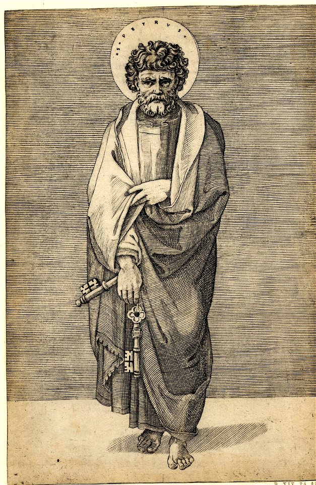 Marcantonio - St Peter standing with both arms enveloped in his robes, his left hand pulls back the sleeve of his right arm which holds a set of keys., 1857,0711.2
