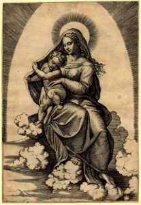 Marcantonio - The Virgin seated on clouds holding the Christ Child on her right knee, 1895,0915.110