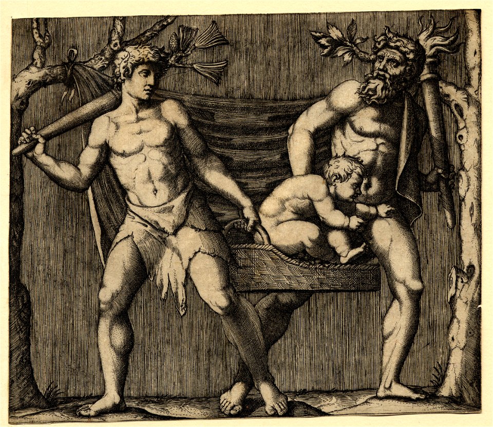 Marcantonio - Two fauns carrying a chld in a basket, 1910,0212.334